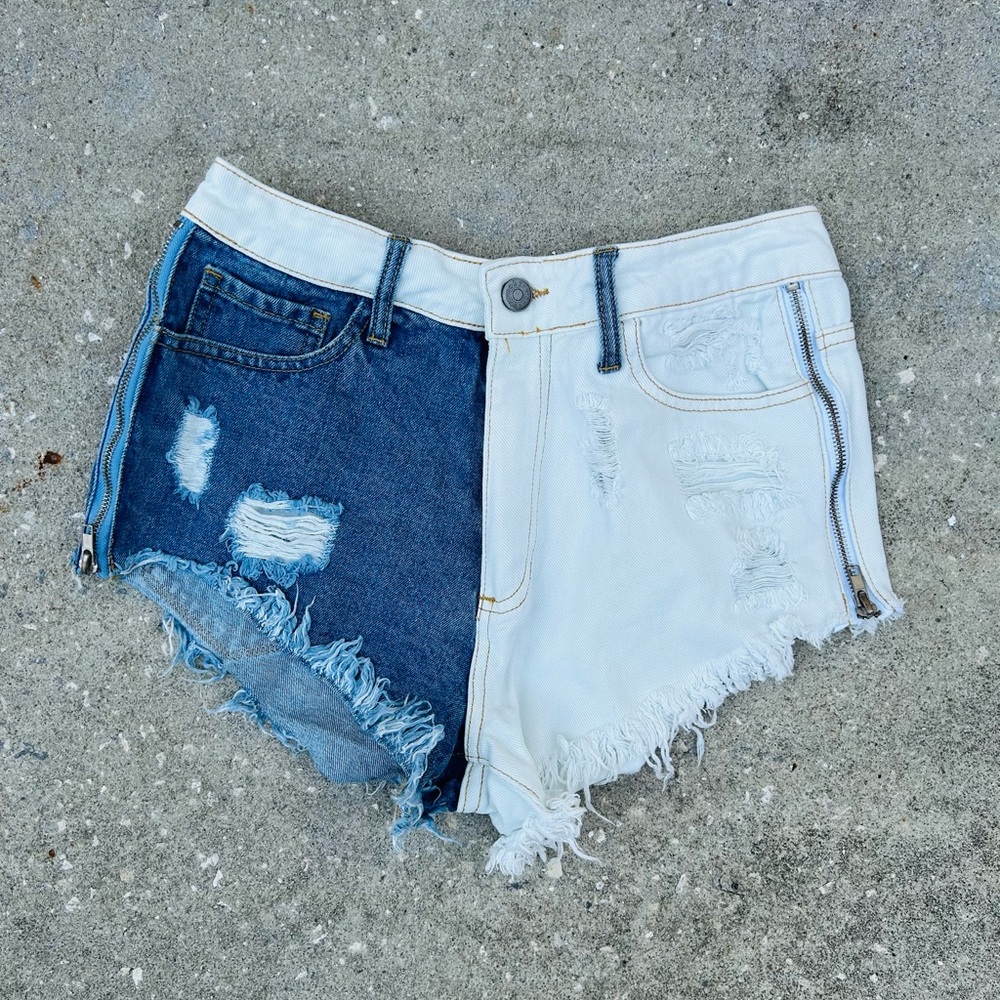 Two-Tone Denim and White Distressed High Waist Short Shorts